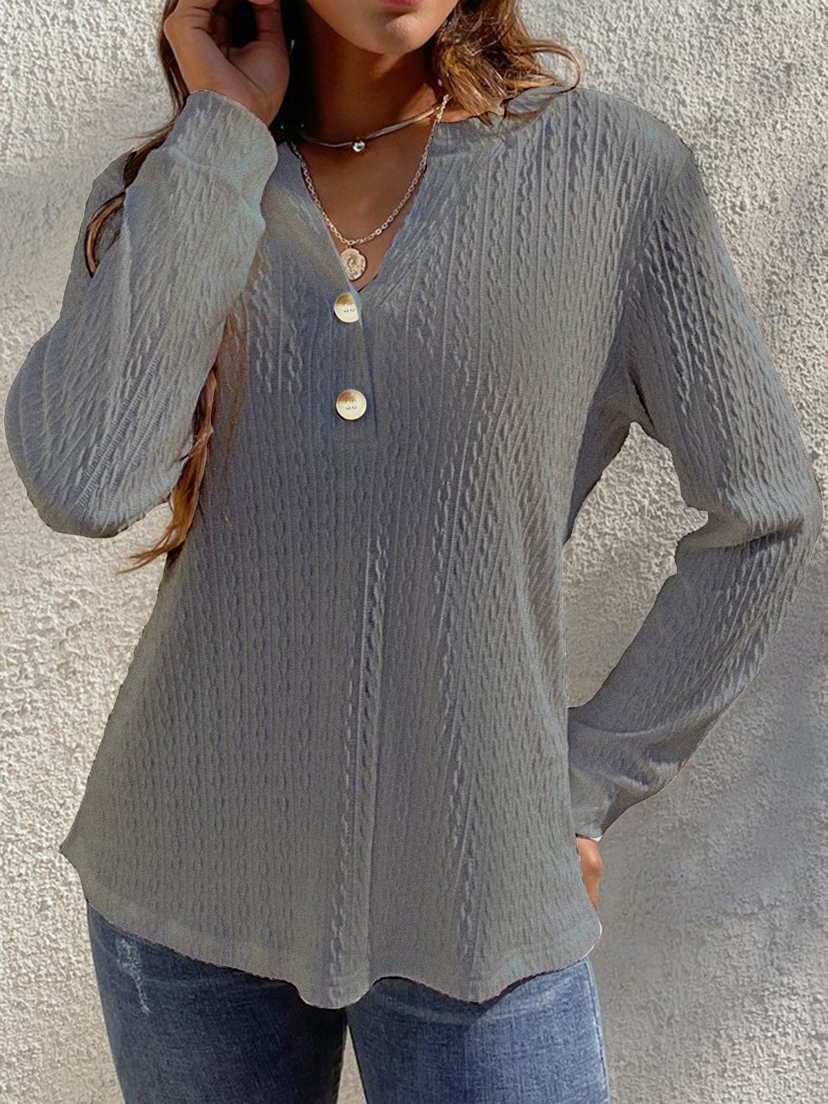 Women Casual Plain Loose Blouse Notched Long Sleeve Buttoned Regular Spring/Fall Shirt