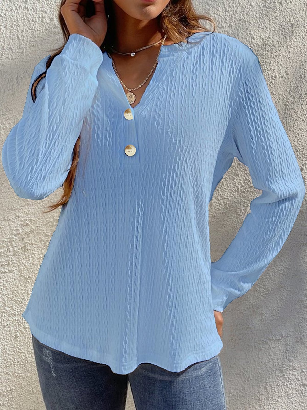 Women Casual Plain Loose Blouse Notched Long Sleeve Buttoned Regular Spring/Fall Shirt