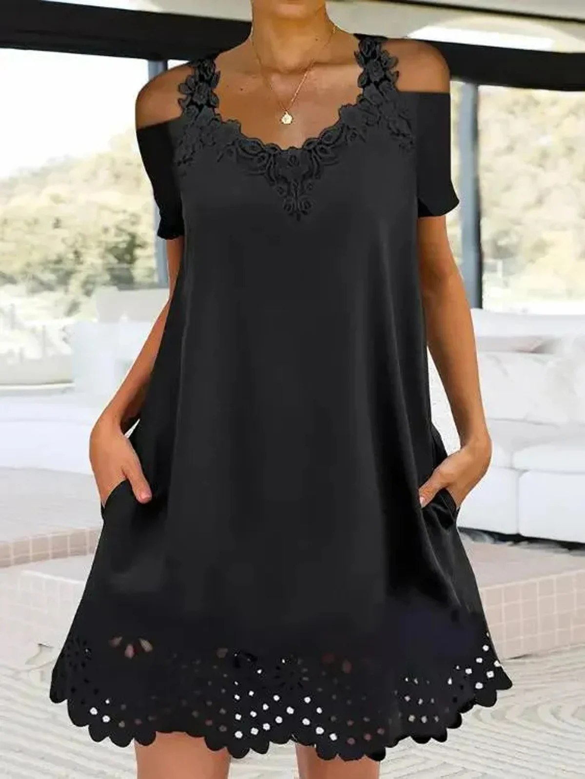 Women Plain V Neck Short Sleeve Comfy Casual Hollow Out Short Dress