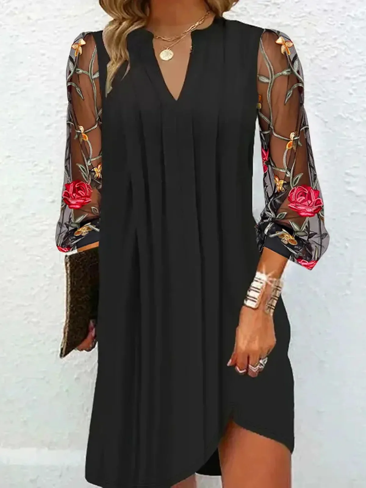 Women Floral V Neck Long Sleeve Comfy Casual Mesh Short Dress