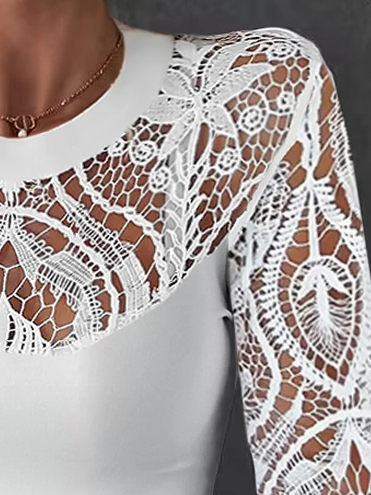 Crew Neck Cap Sleeve Plain Lace Regular High Elasticity Regular Fit Shirt For Women