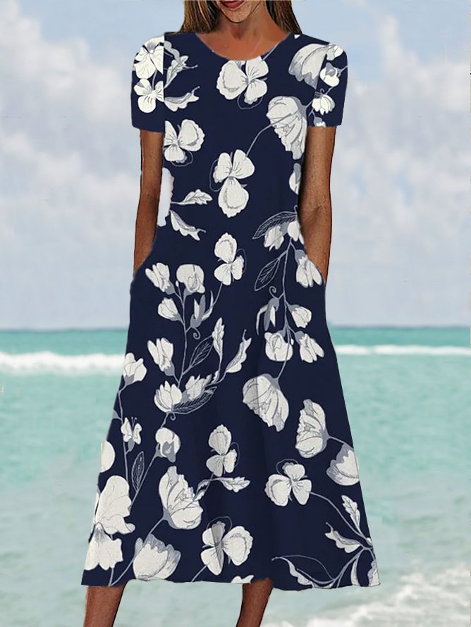 Cotton Blends Floral Loose Short Sleeve Woven Dress