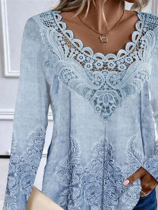 Crew Neck Long Sleeve Random Print Lace Regular Loose TUNIC Shirt For Women