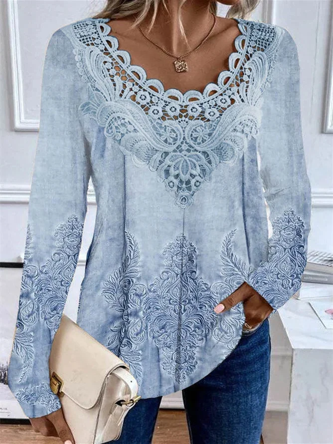 Crew Neck Long Sleeve Random Print Lace Regular Loose TUNIC Shirt For Women