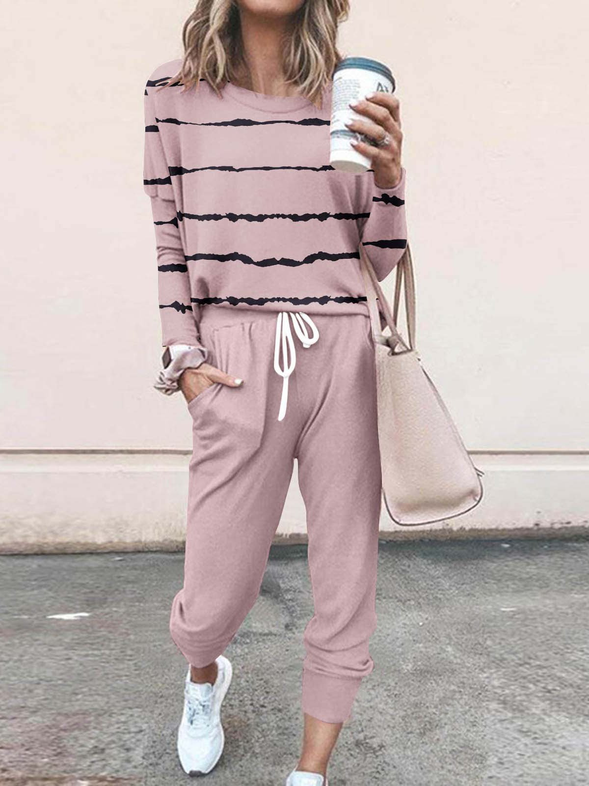 Women Striped Crew Neck Long Sleeve Comfy Casual Top With Pants Two-Piece Set
