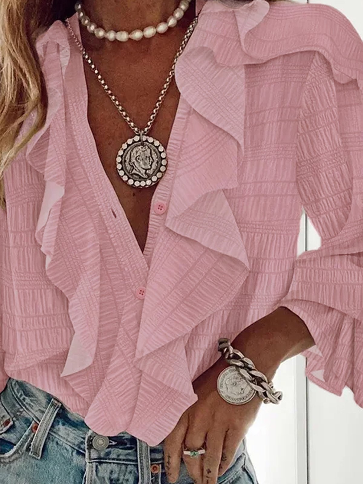 V Neck Long Sleeve Plain Regular Loose Blouse For Women