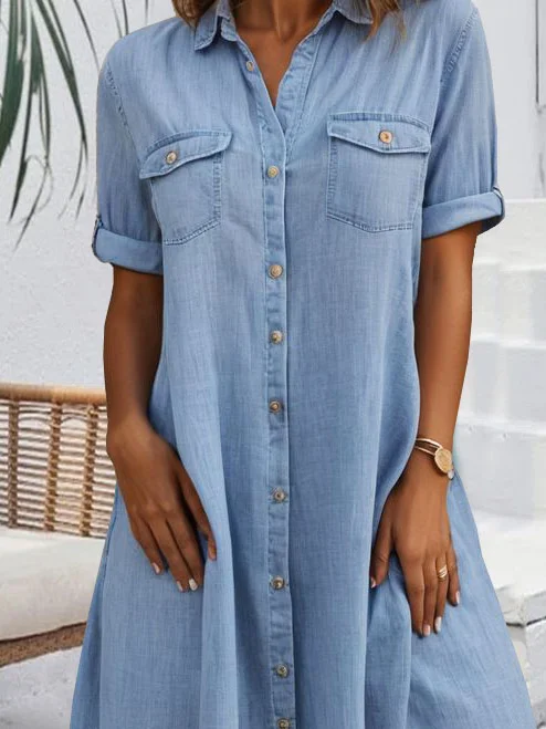 Summer Denim Dress Casual Cotton Buckle Loose Shirt Collar Shirt Dress