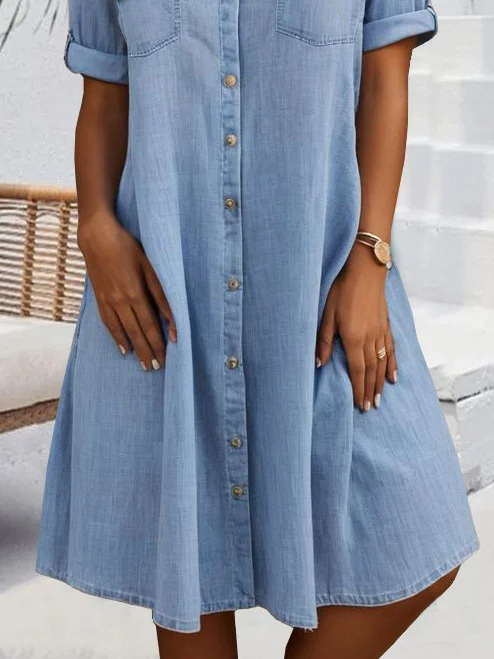 Summer Denim Dress Casual Cotton Buckle Loose Shirt Collar Shirt Dress