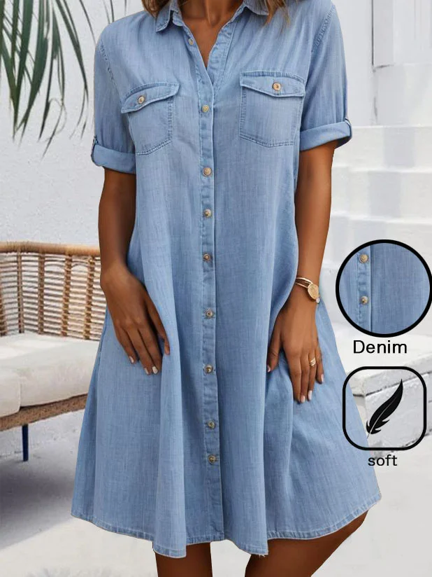 Summer Denim Dress Casual Cotton Buckle Loose Shirt Collar Shirt Dress