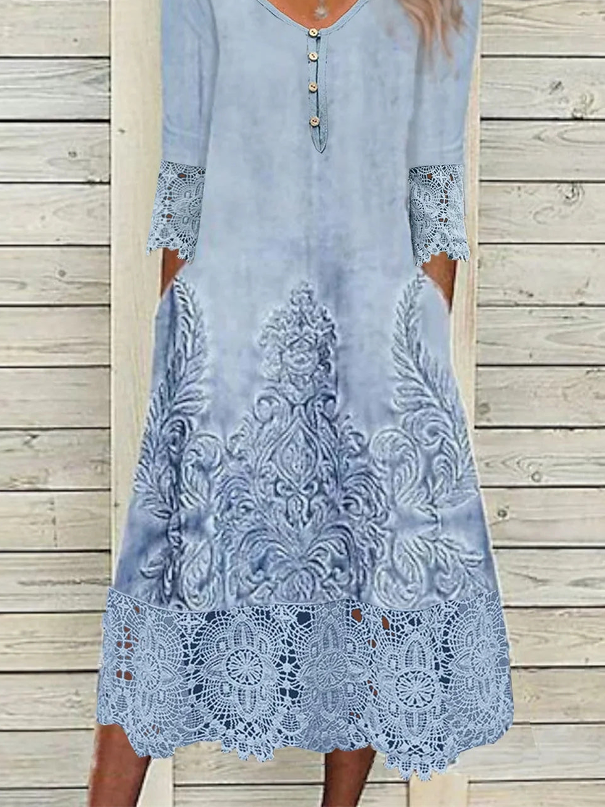 Women Floral V Neck Three Quarter Sleeve Comfy Casual Lace Midi Dress