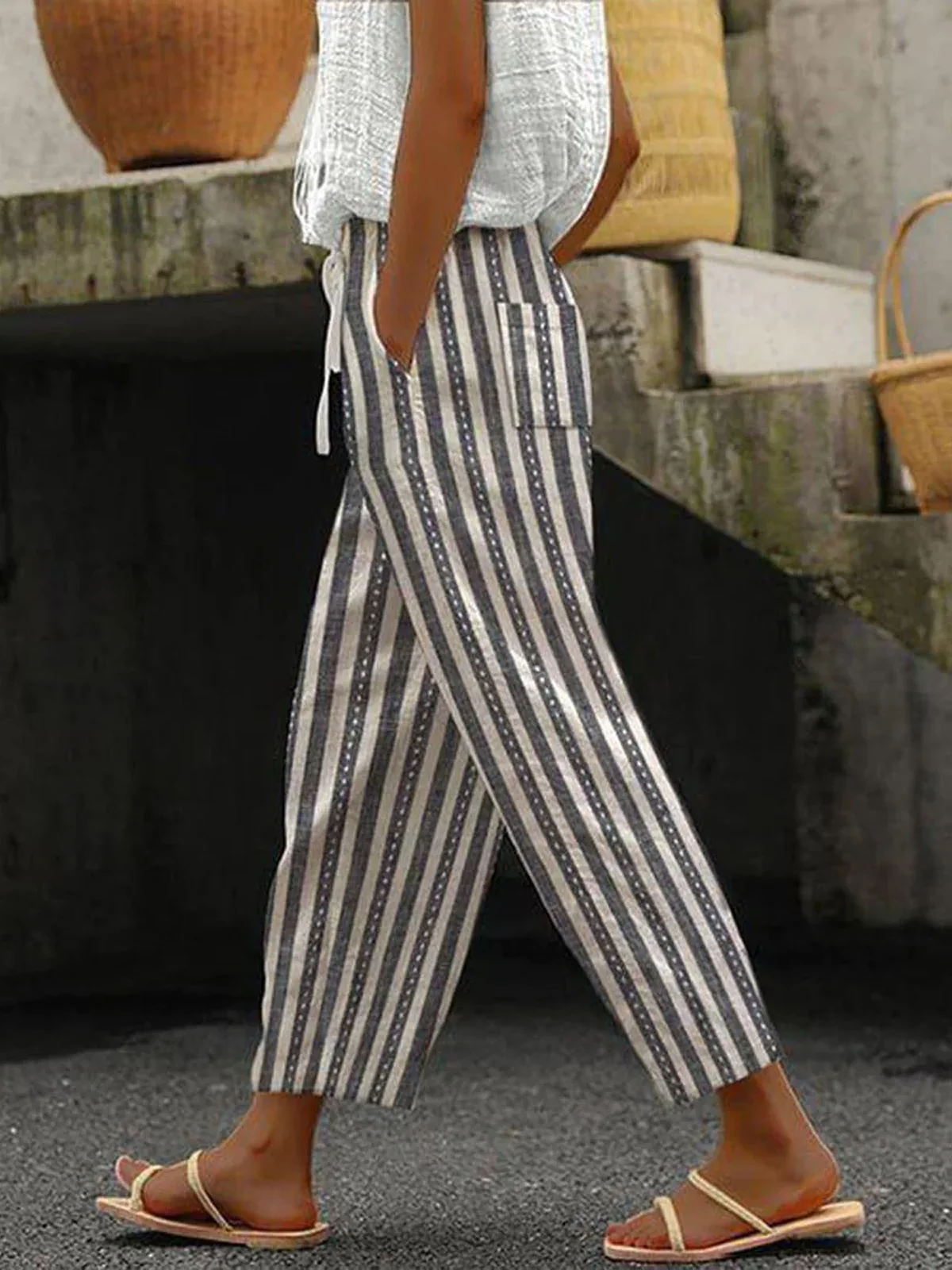 Casual Striped Long Pocket Stitching Pant