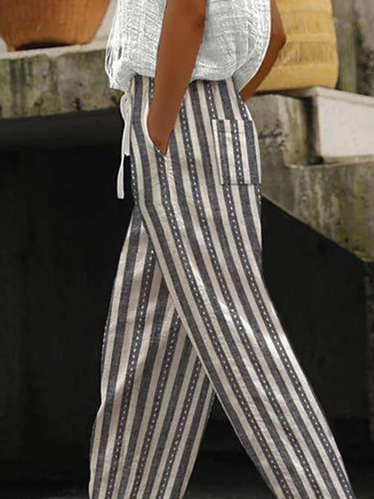 Casual Striped Long Pocket Stitching Pant