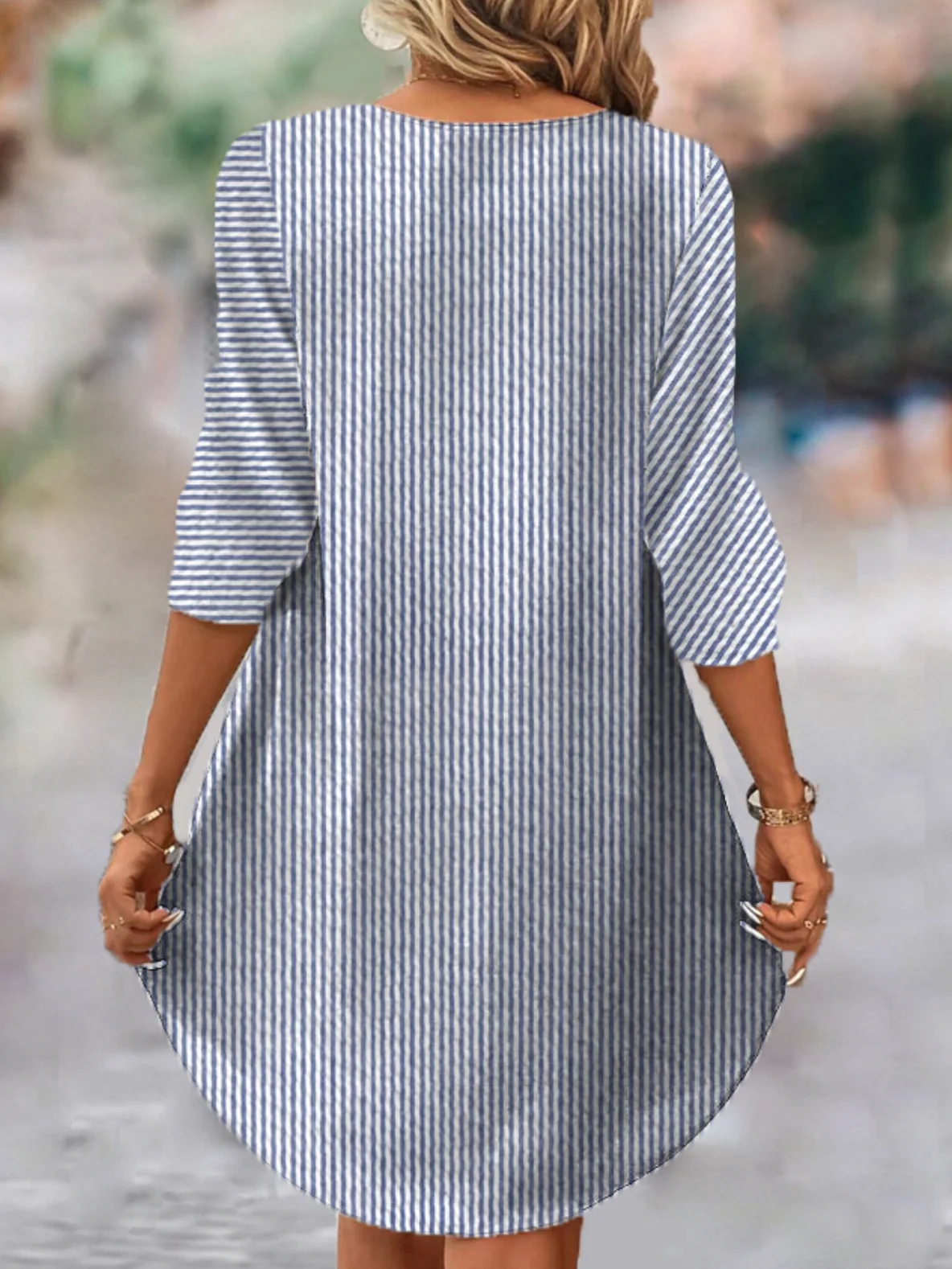 Women Striped V Neck Short Sleeve Comfy Casual Short Dress