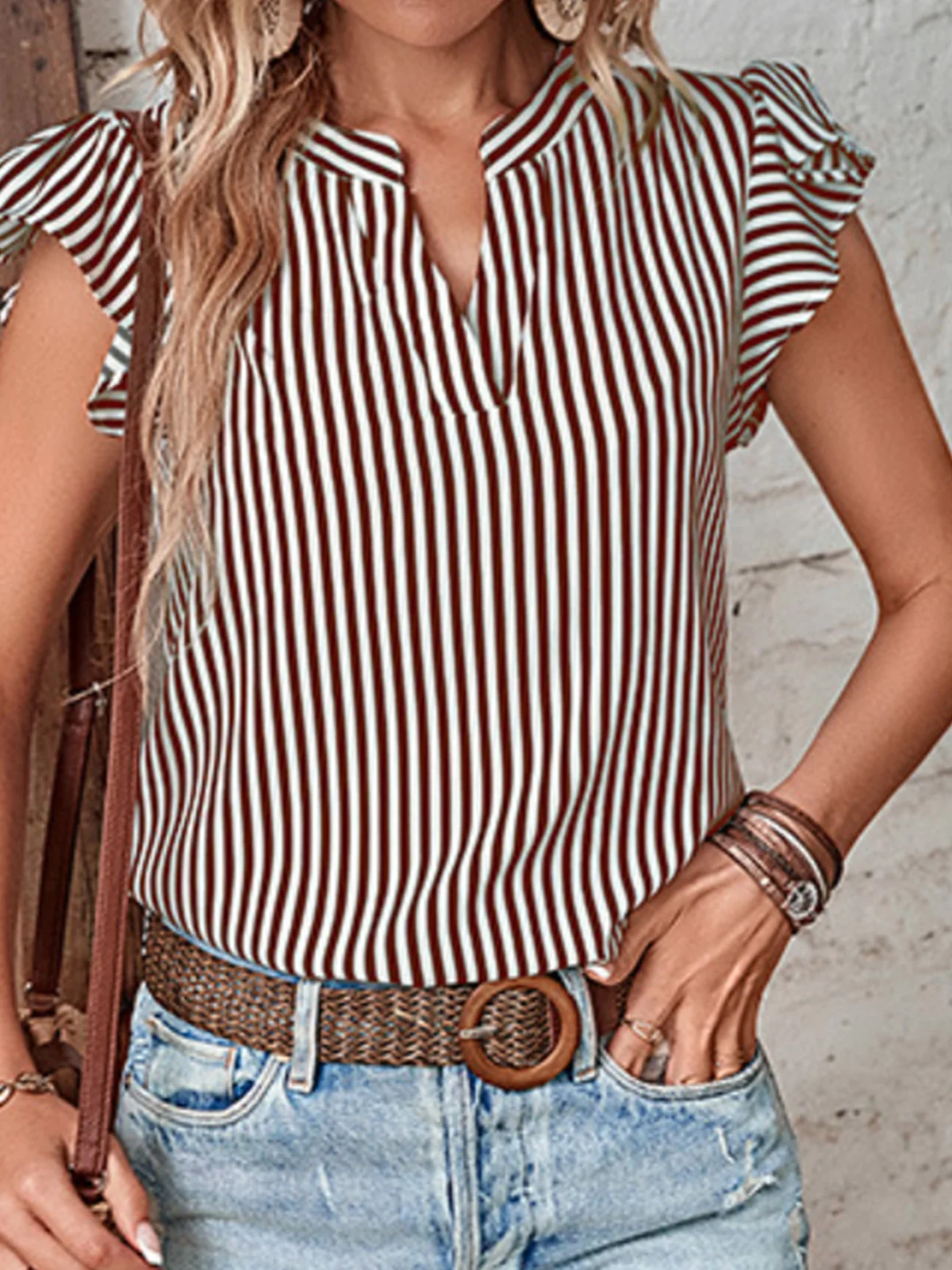 V Neck Short Sleeve Striped Regular Regular Fit Shirt For Women