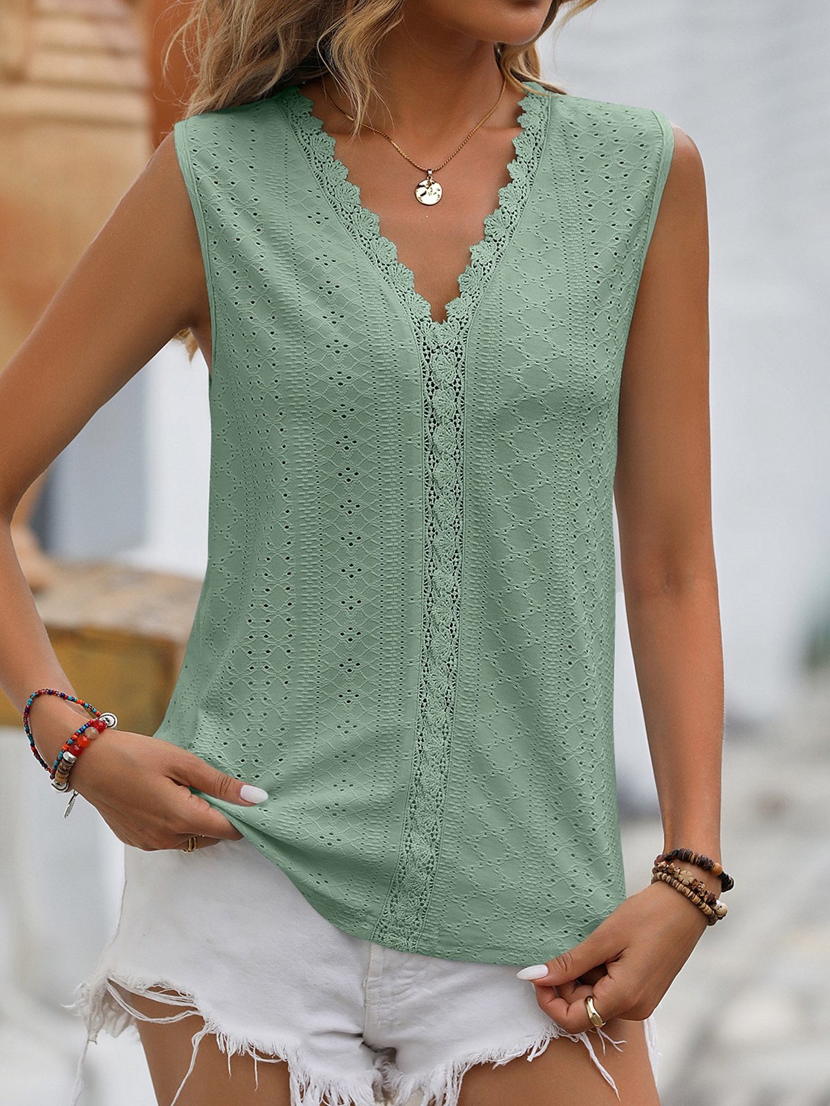 Casual V Neck Plain Tank Top Lace
