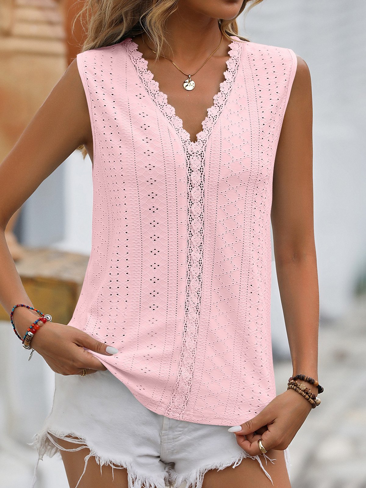 Casual V Neck Plain Tank Top Lace