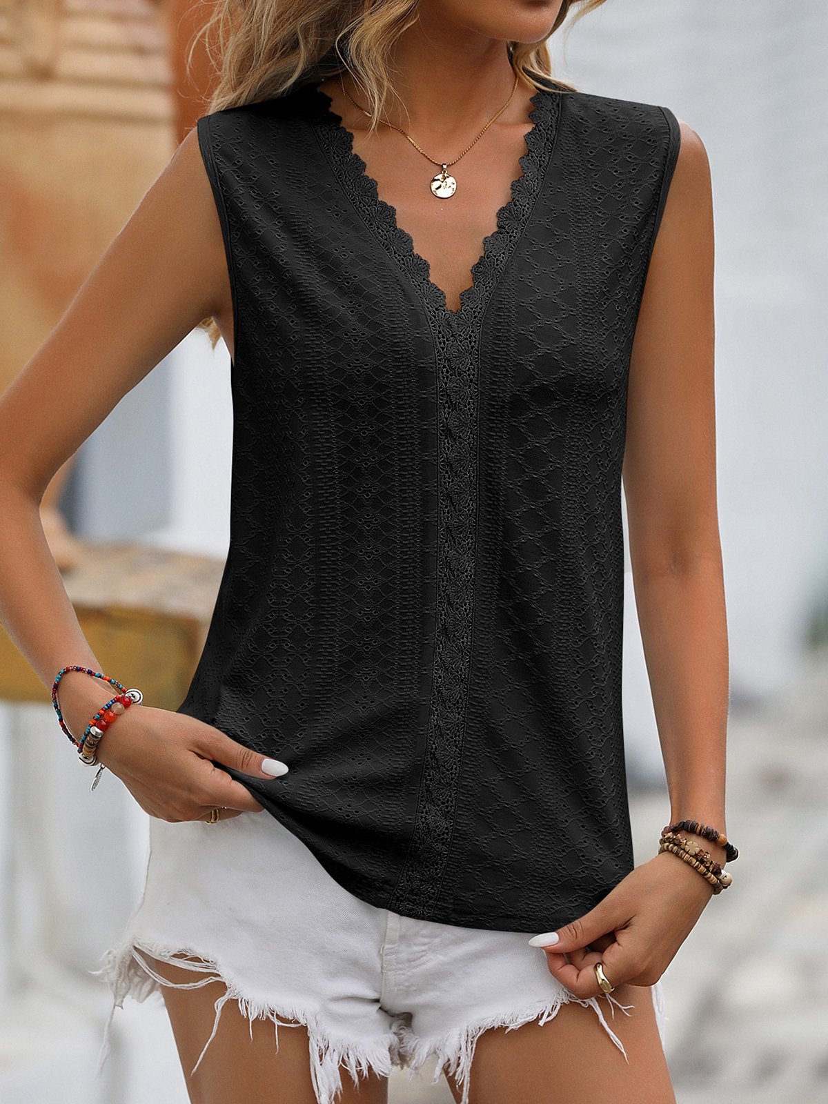 Casual V Neck Plain Tank Top Lace