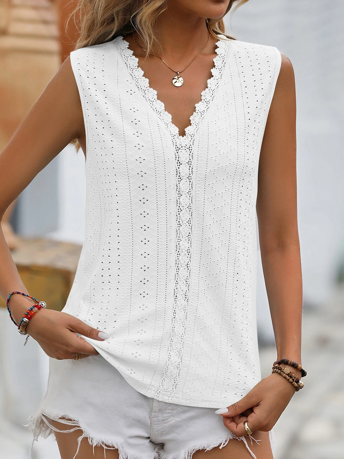Casual V Neck Plain Tank Top Lace