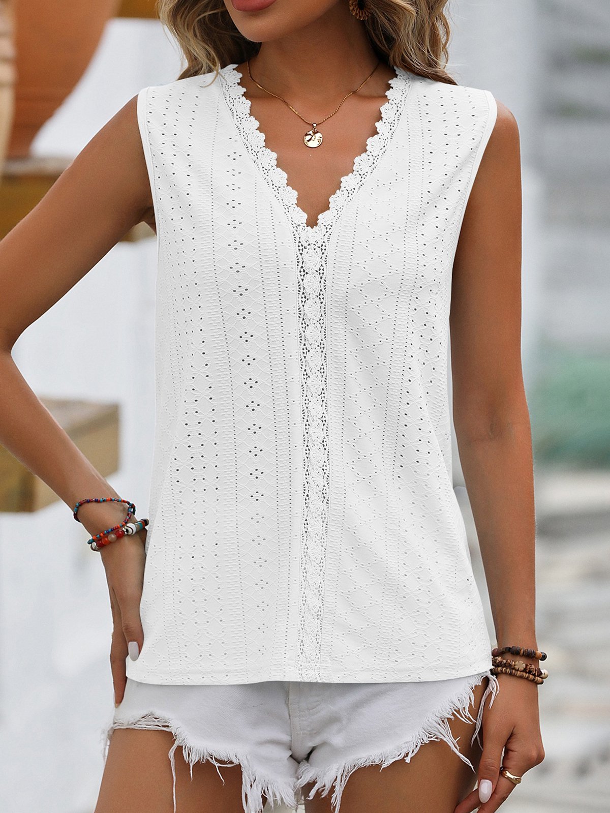 Casual V Neck Plain Tank Top Lace