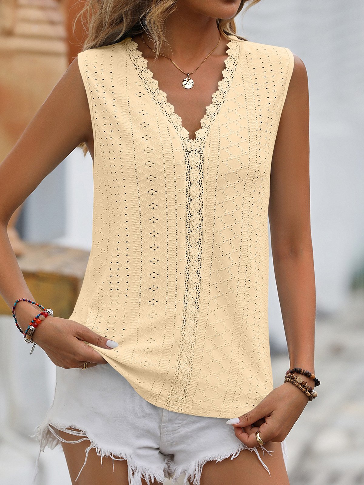 Casual V Neck Plain Tank Top Lace