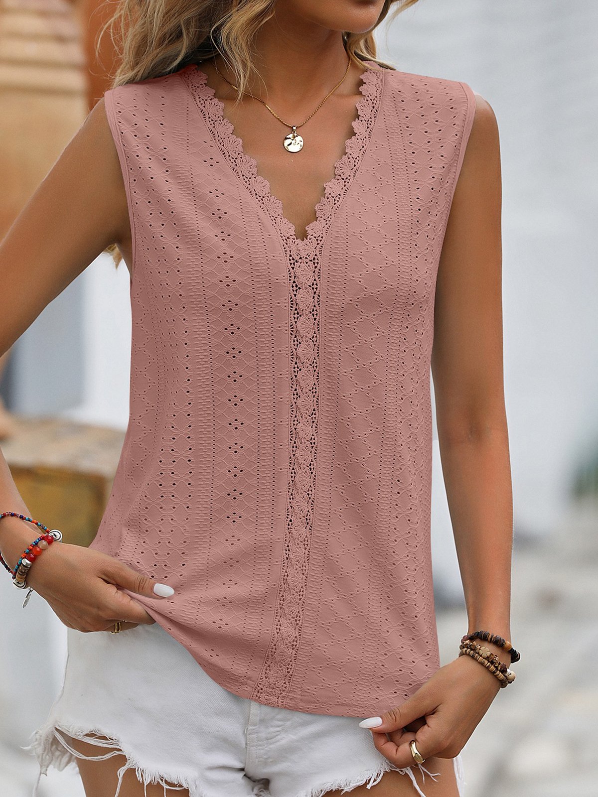 Casual V Neck Plain Tank Top Lace