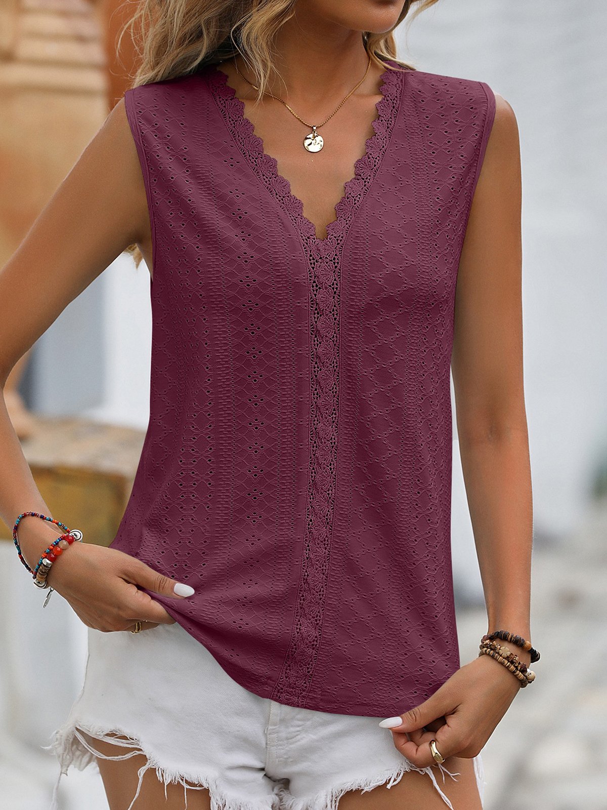 Casual V Neck Plain Tank Top Lace