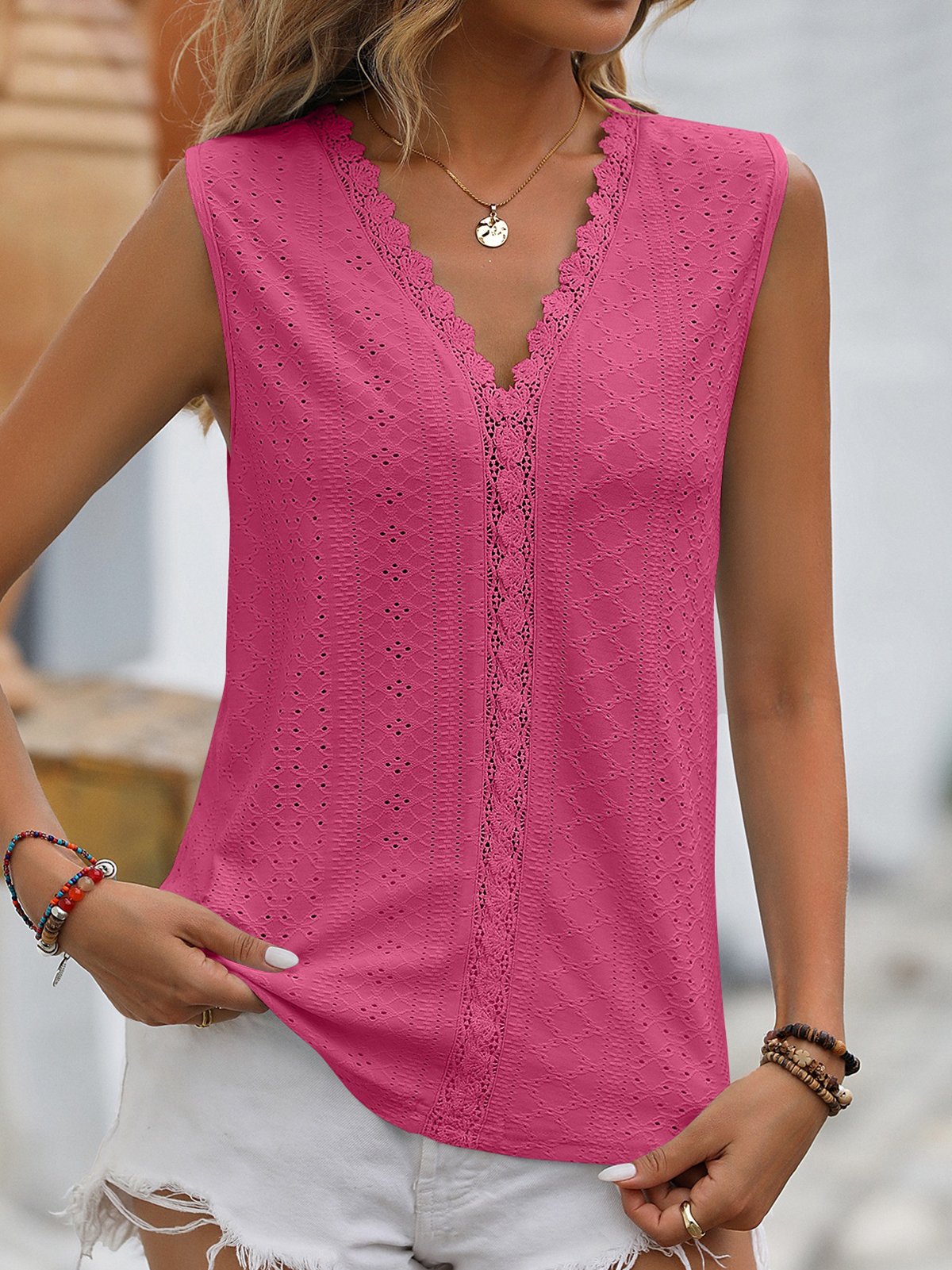 Casual V Neck Plain Tank Top Lace