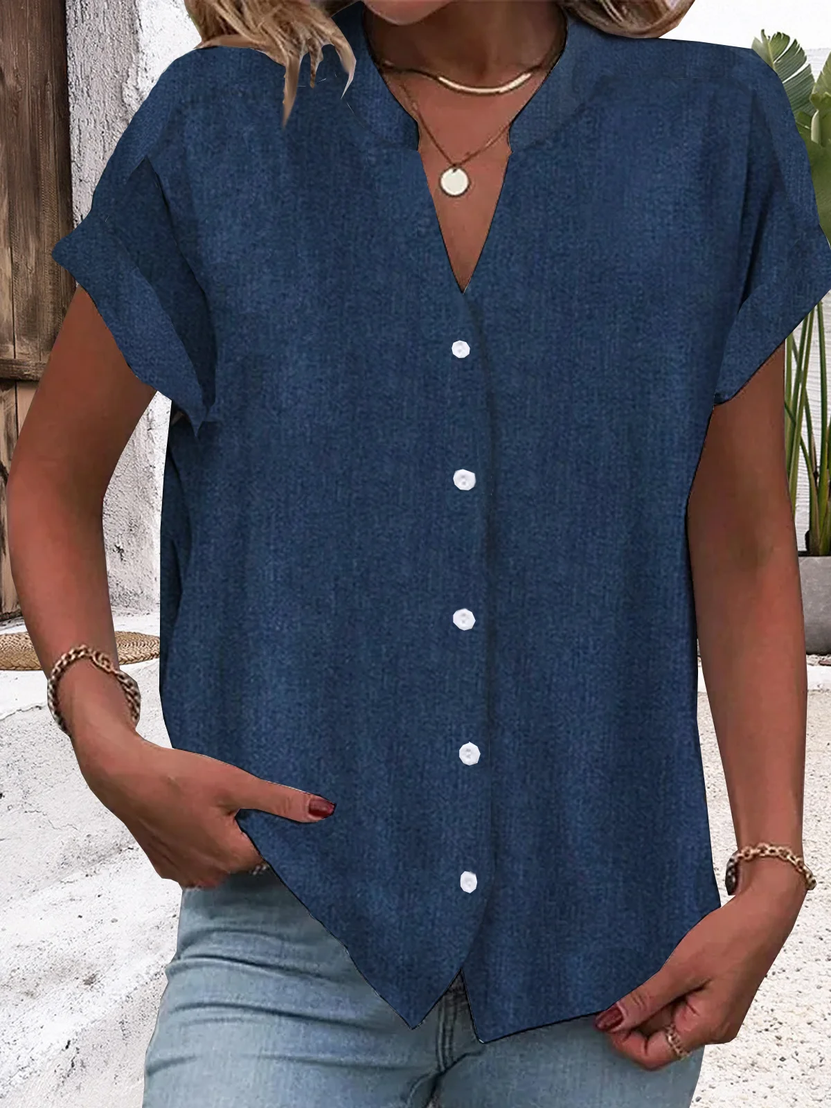 Women Shirt V Neck Short Sleeve Plain Regular Regular Fit Blouse