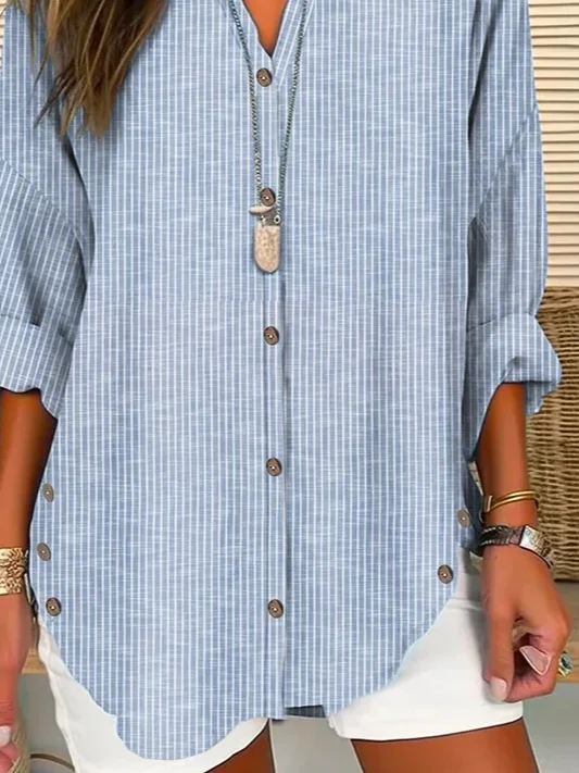 Shirt Collar Long Sleeve Striped Regular Loose Blouse For Women