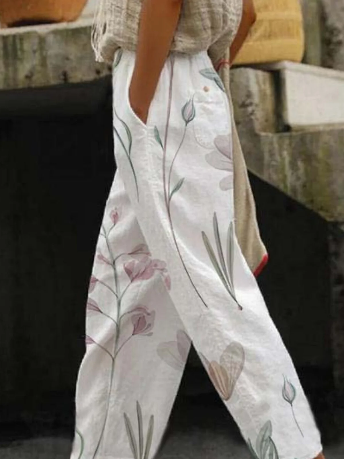 Women Casual Floral Long Pocket Stitching Pants