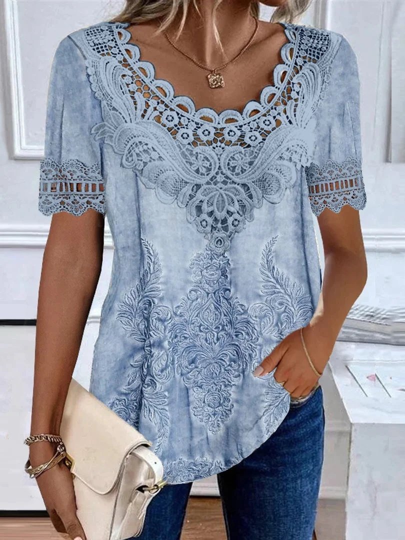 Crew Neck Short Sleeve Ethnic Lace Regular Loose Shirt For Women