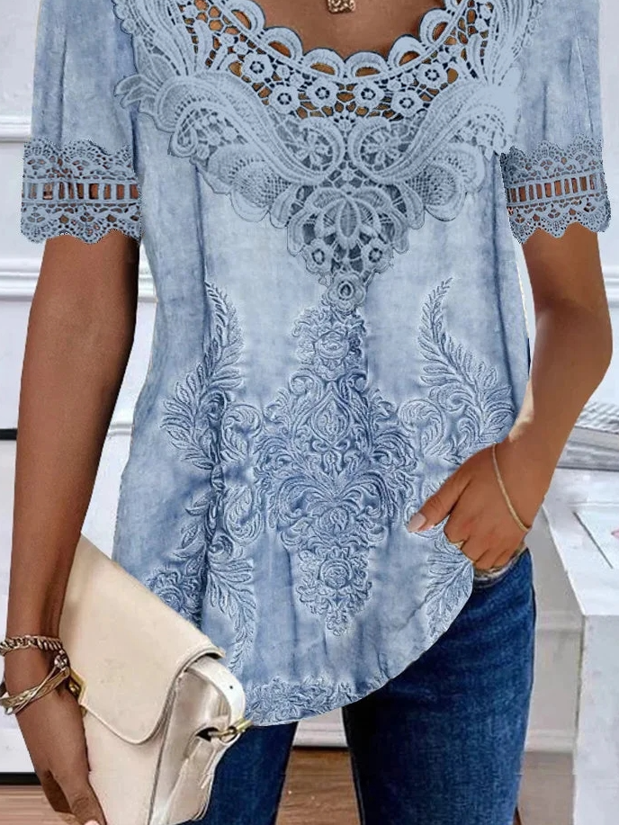 Crew Neck Short Sleeve Ethnic Lace Regular Loose Shirt For Women