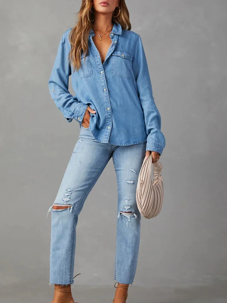 Women's Shirt Spring Collar Denim Long Sleeve Abstract Regular Loose Blouse