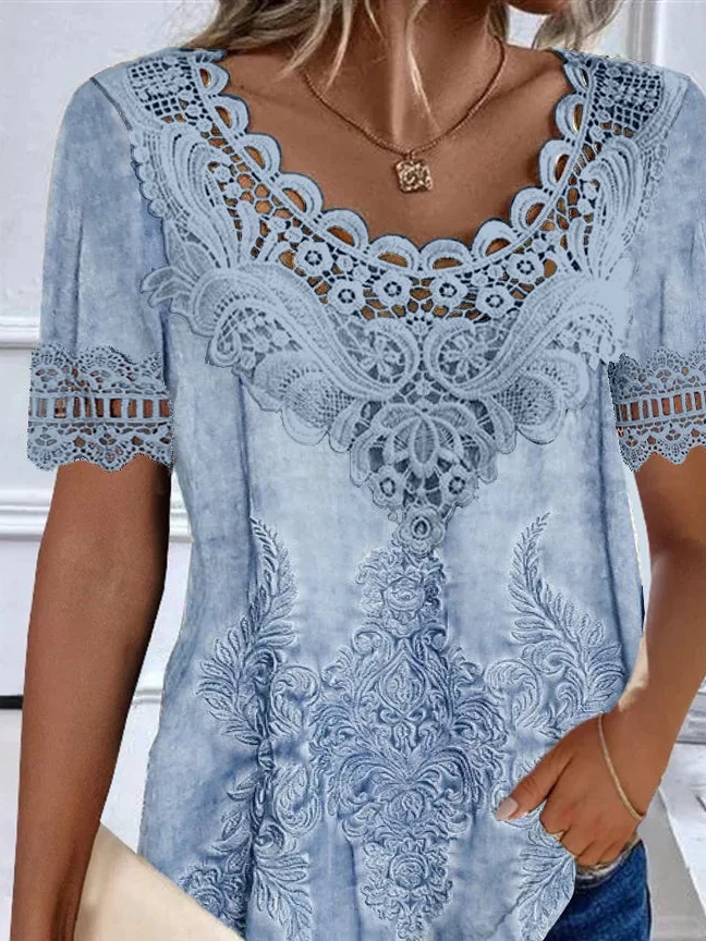Crew Neck Short Sleeve Ethnic Lace Regular Loose Shirt For Women
