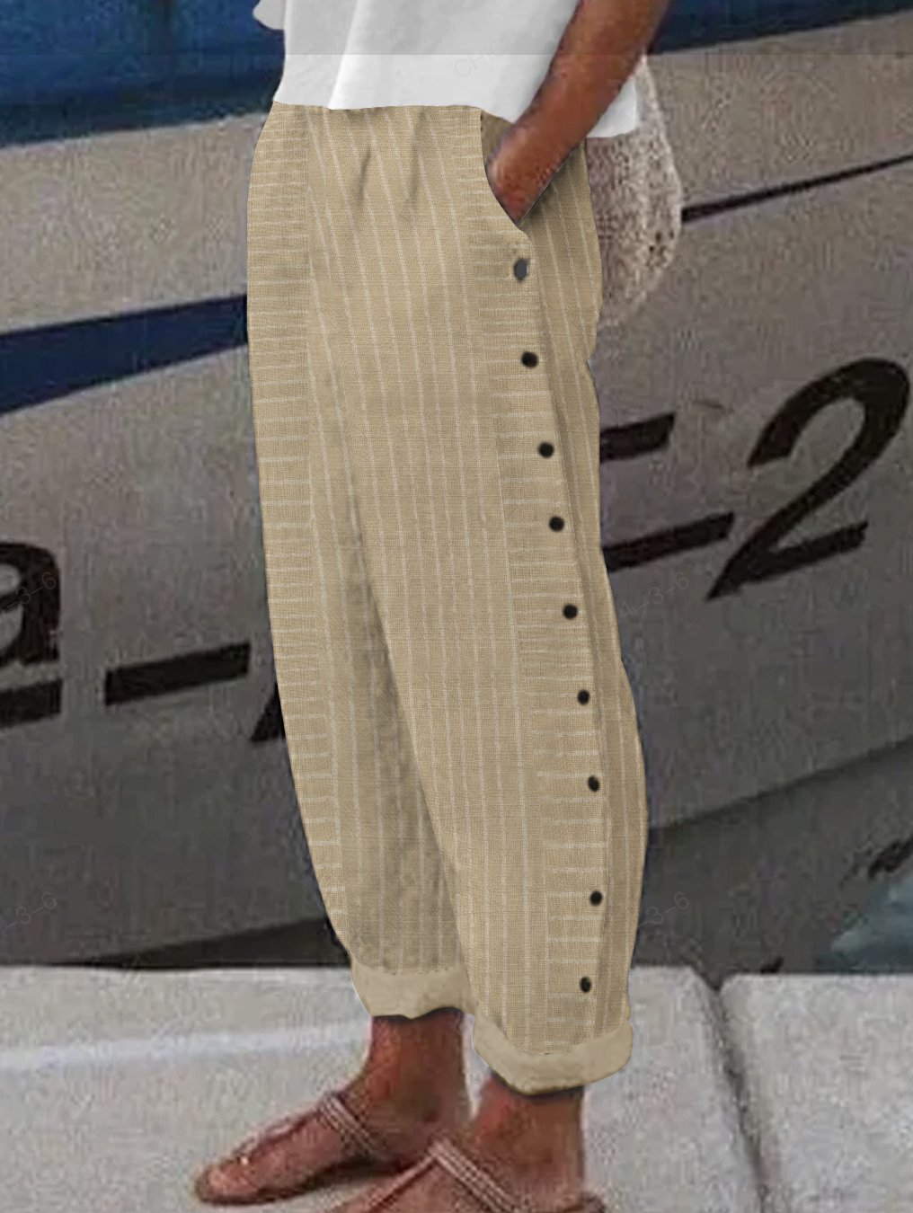 Women Cotton Pants Summer Striped Casual Buttoned Pants