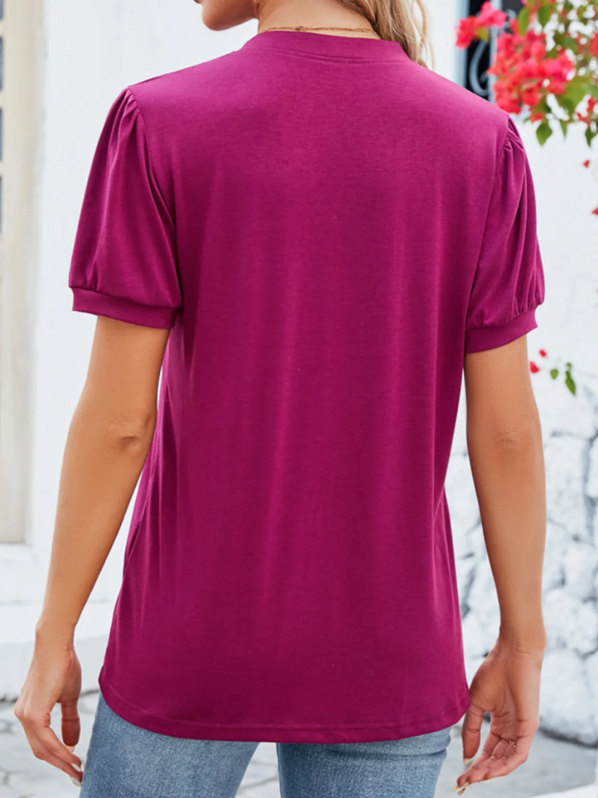 Casual Plain V Neck Short Sleeve T-shirt