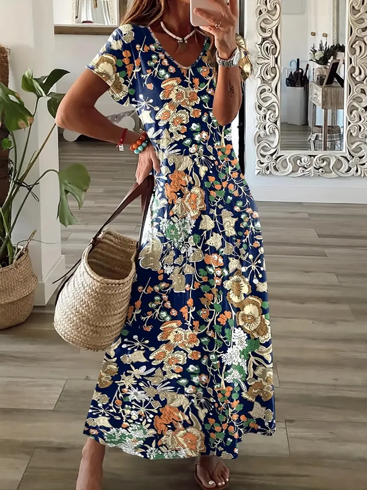 Women Floral V Neck Short Sleeve Comfy Casual Maxi Dress
