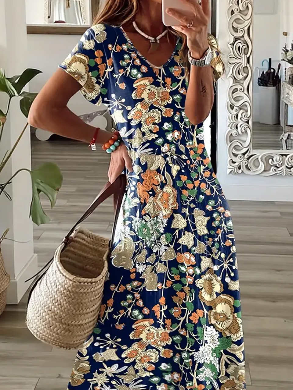 Women Floral V Neck Short Sleeve Comfy Casual Maxi Dress