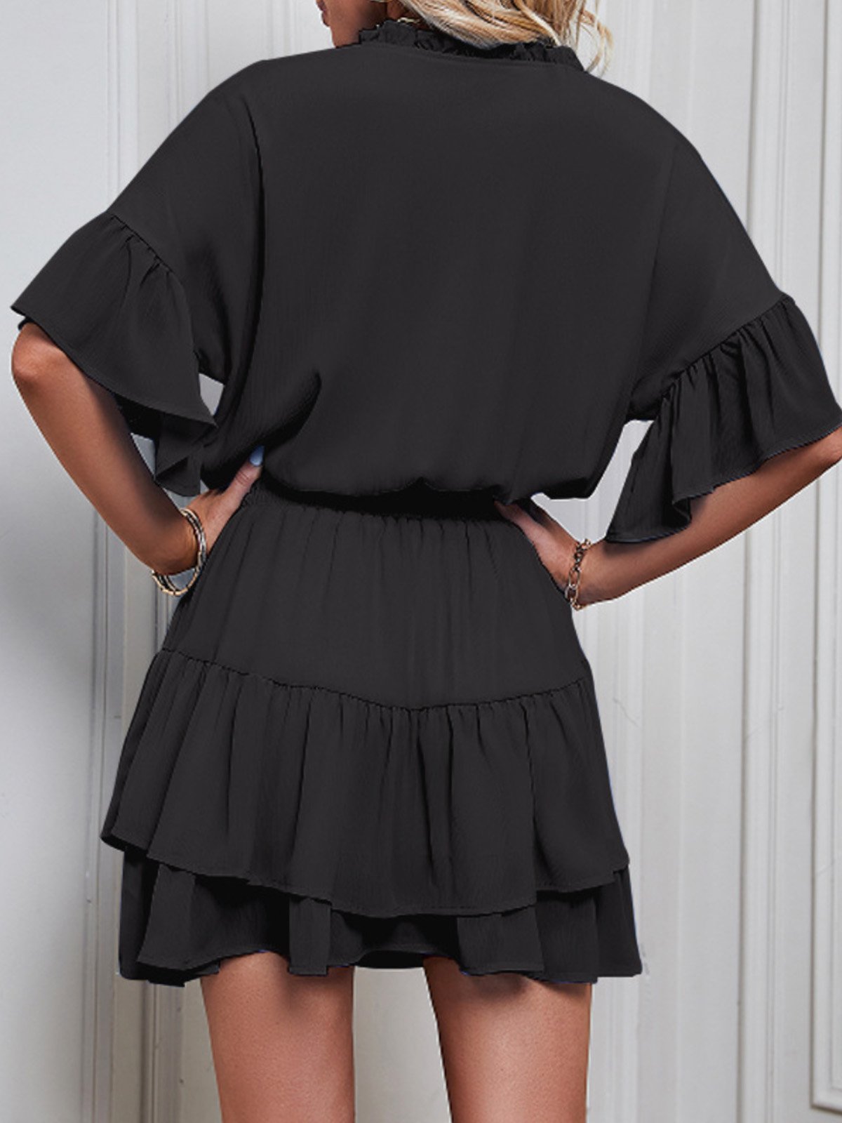 Women Plain V Neck Short Sleeve Comfy Casual Short Dress