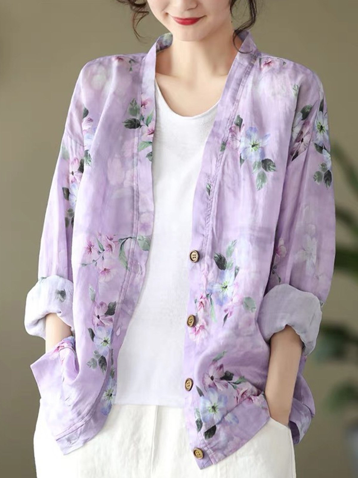 V Neck Long Sleeve Floral Regular Loose Shirt For Women