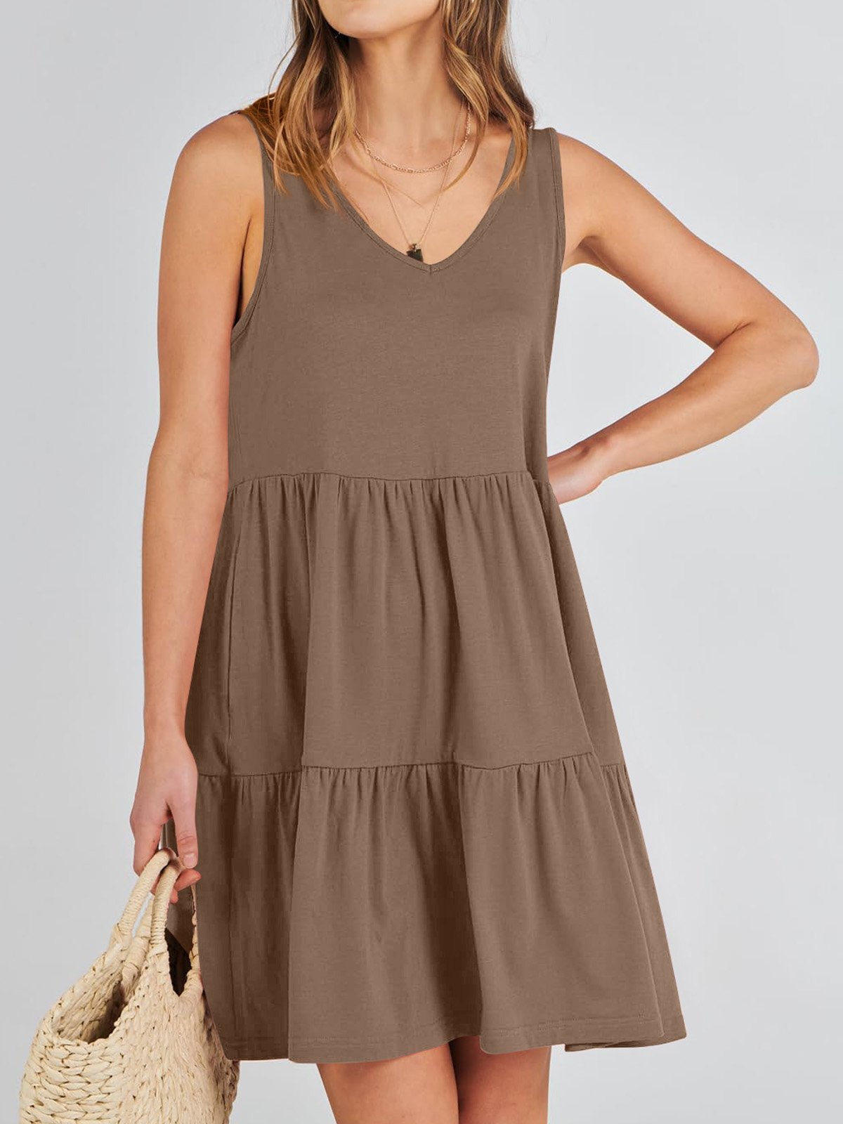 Women Plain V Neck Sleeveless Comfy Casual Midi Dress