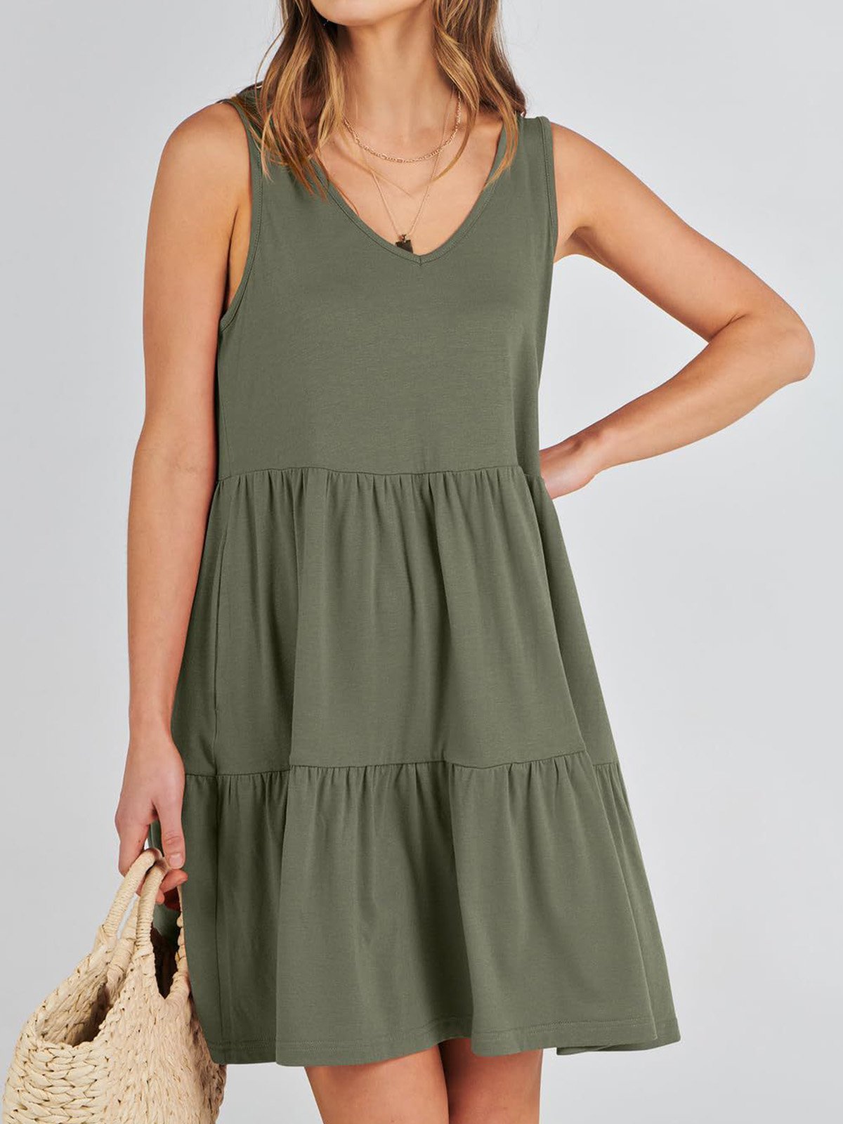 Women Plain V Neck Sleeveless Comfy Casual Midi Dress