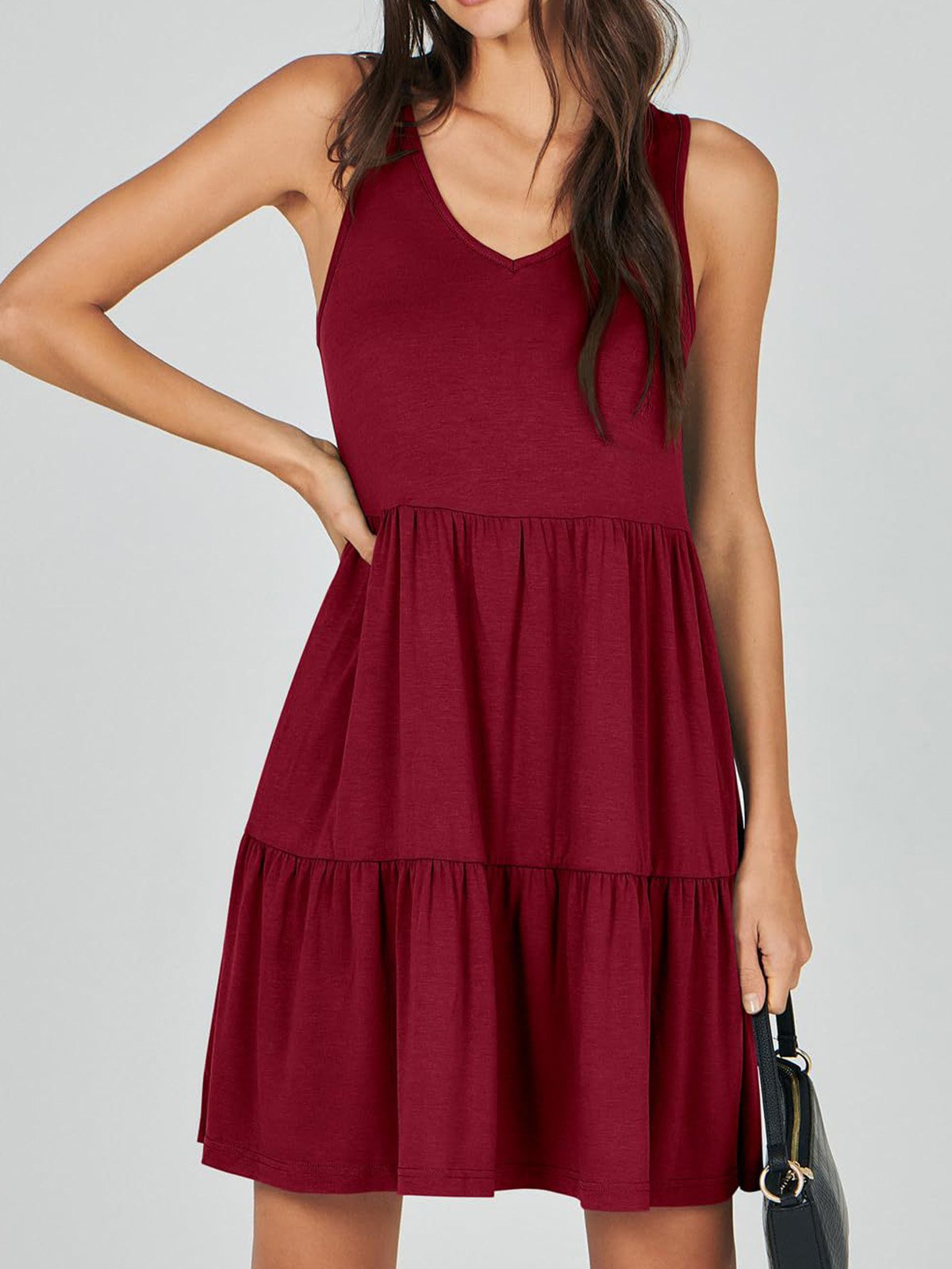 Women Plain V Neck Sleeveless Comfy Casual Midi Dress