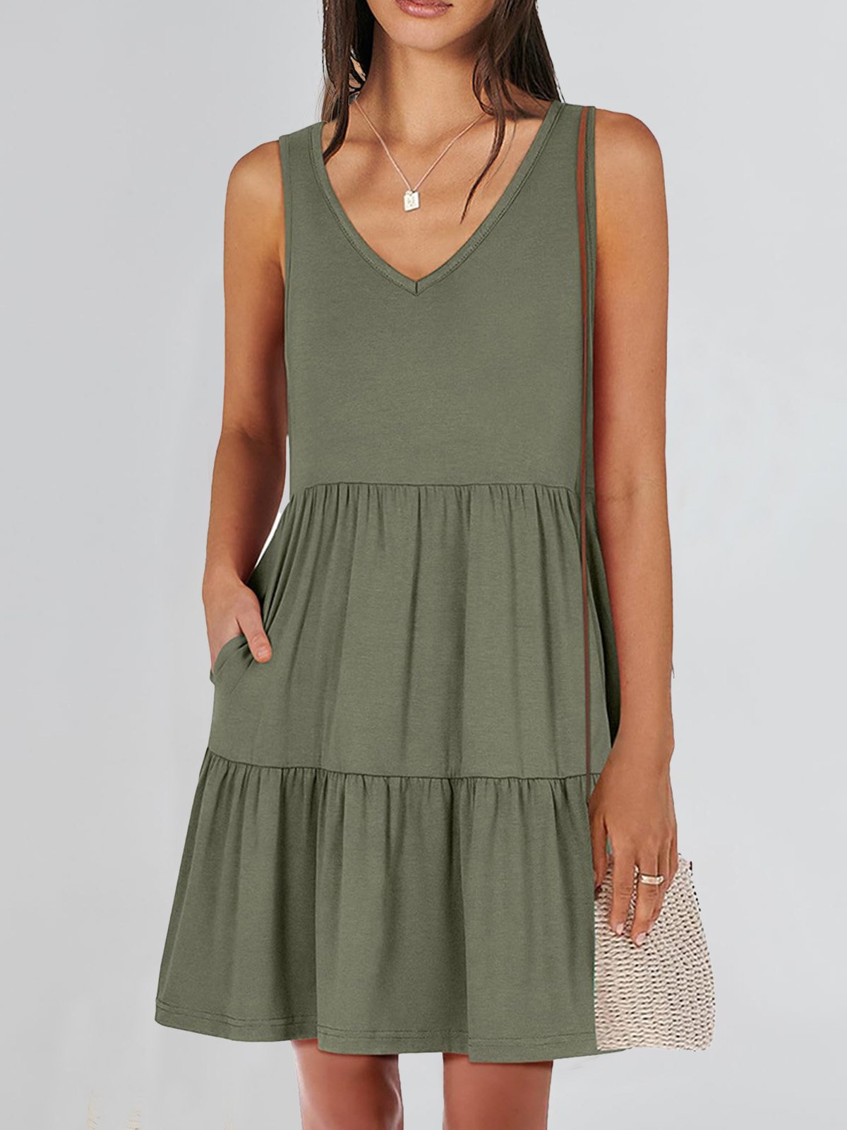 Women Plain V Neck Sleeveless Comfy Casual Midi Dress