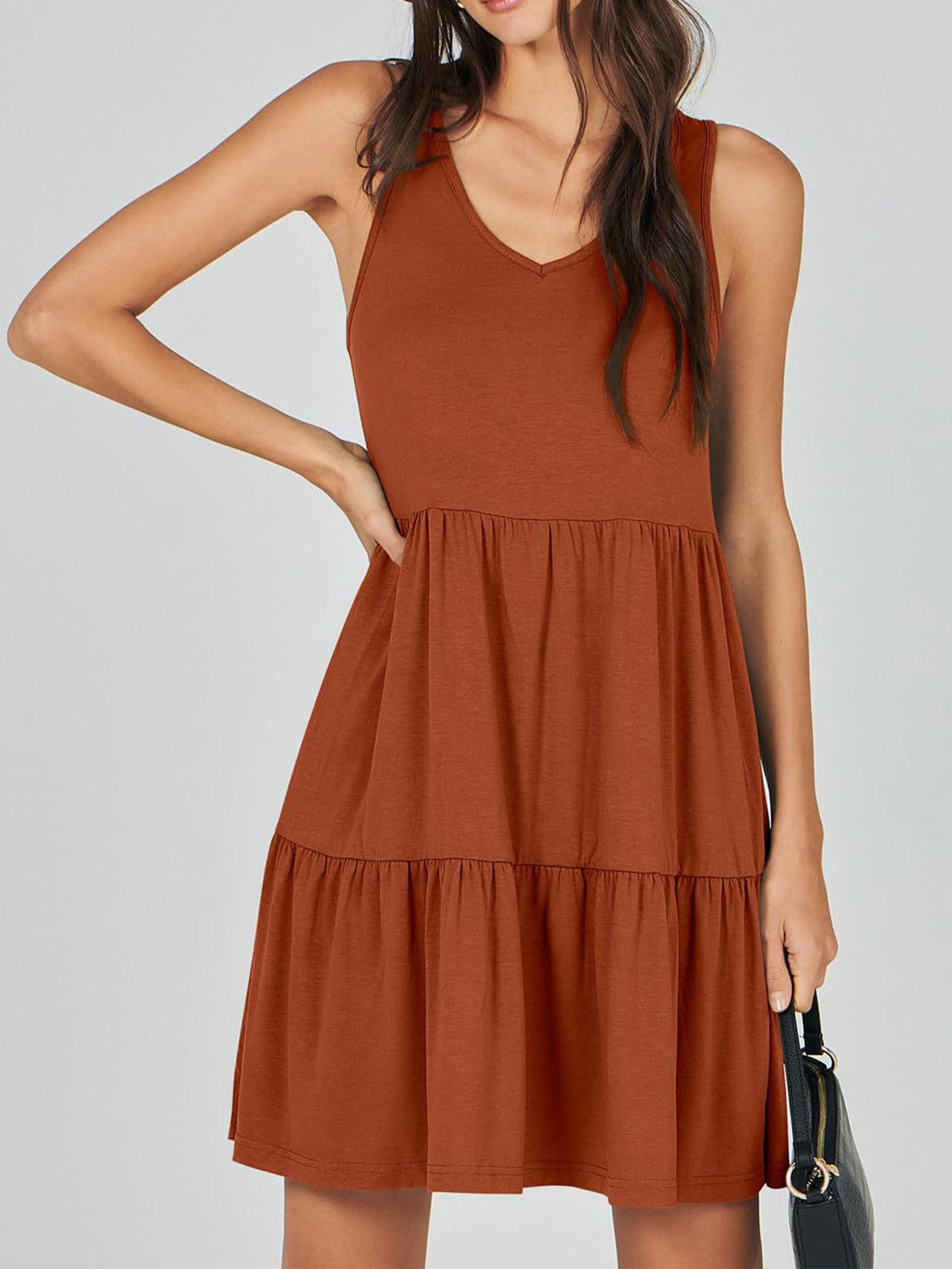 Women Plain V Neck Sleeveless Comfy Casual Midi Dress
