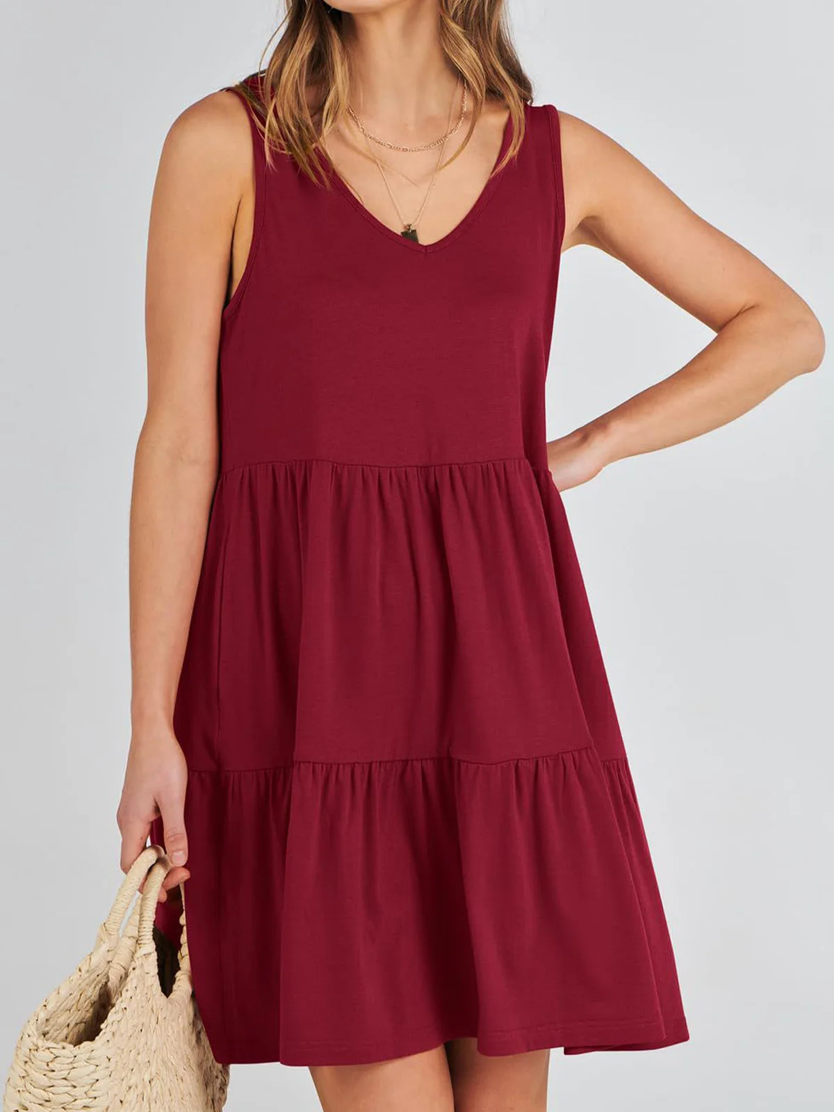 Women Plain V Neck Sleeveless Comfy Casual Midi Dress