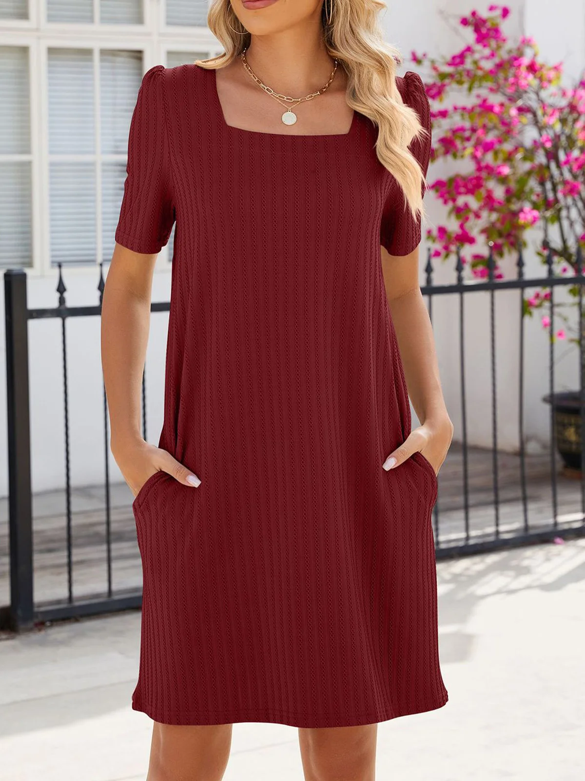 Women Plain Square Neck Short Sleeve Comfy Casual Midi Dress