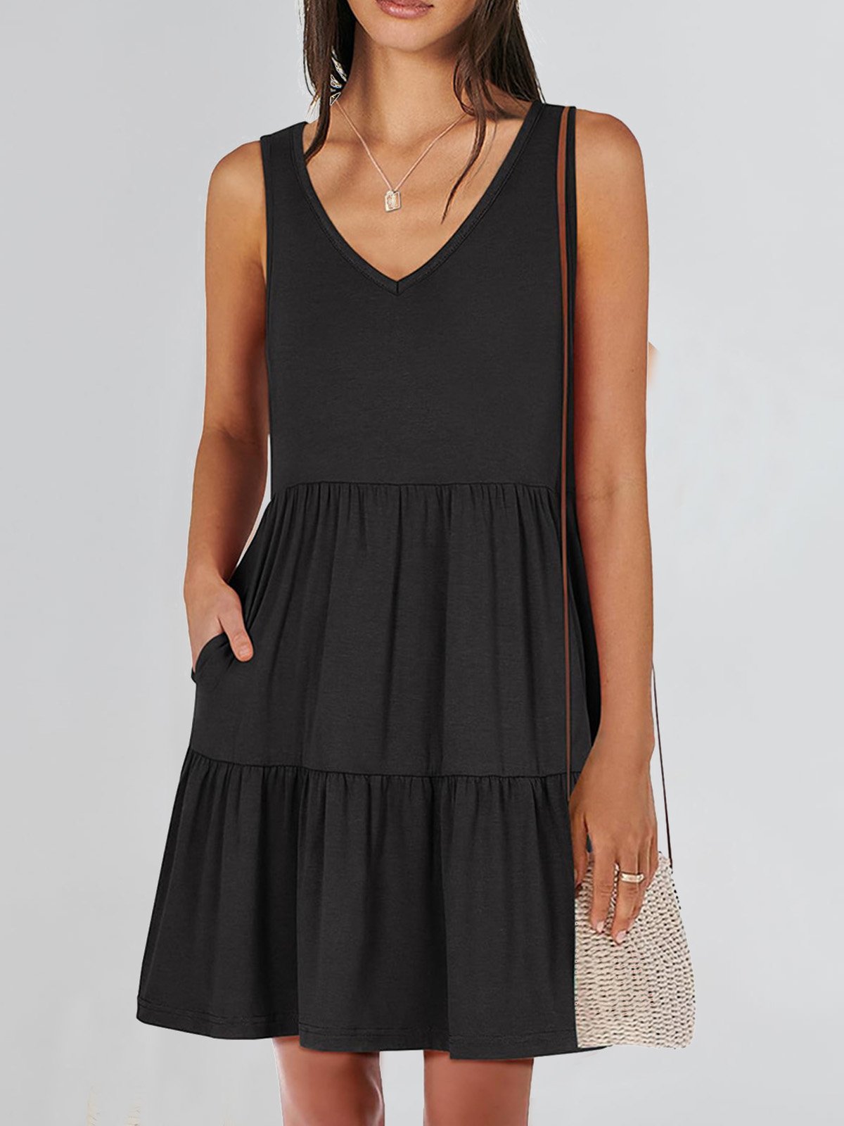 Women Plain V Neck Sleeveless Comfy Casual Midi Dress