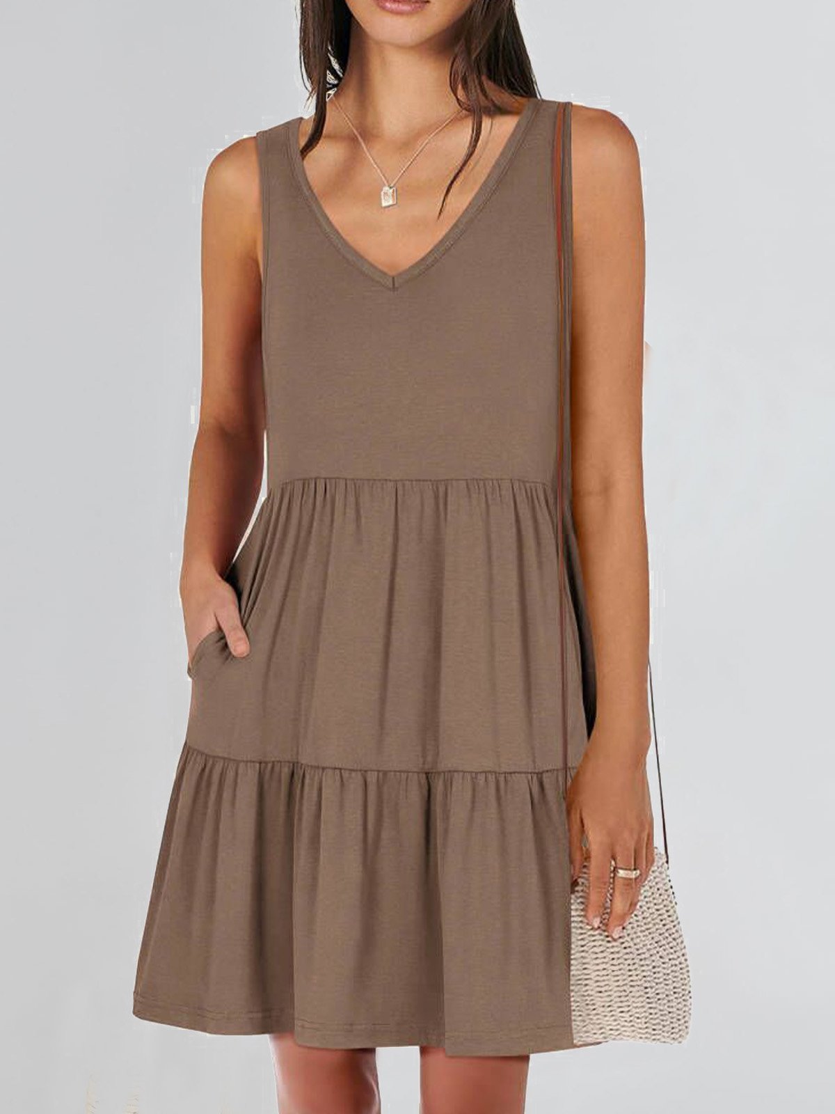 Women Plain V Neck Sleeveless Comfy Casual Midi Dress