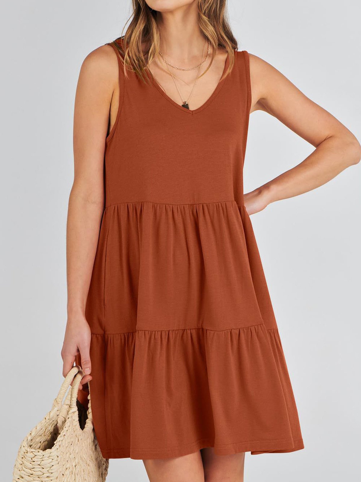 Women Plain V Neck Sleeveless Comfy Casual Midi Dress